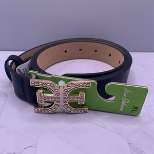 Sam Edelman XL Black Imitation Pearl Embellished Double-E Logo Leather Belt $60